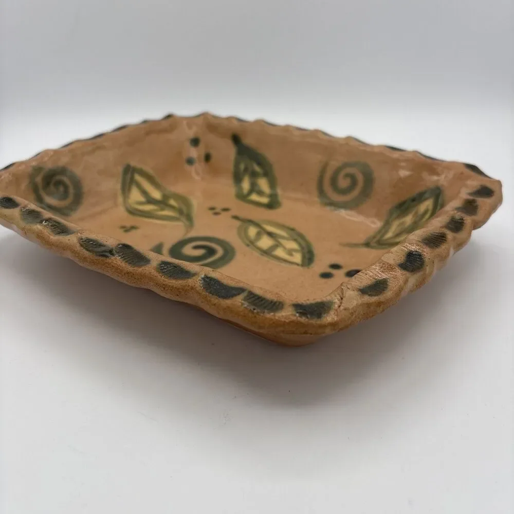 Vintage Signed Studio Pottery Tray Hand Painted Leaf Swirl Motif Terracotta Dish